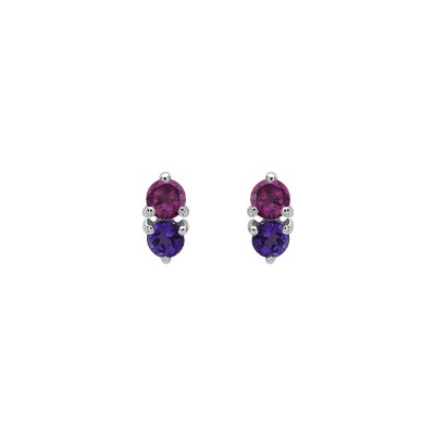 Boucles d'oreilles en or blanc, améthyste et rhodolite