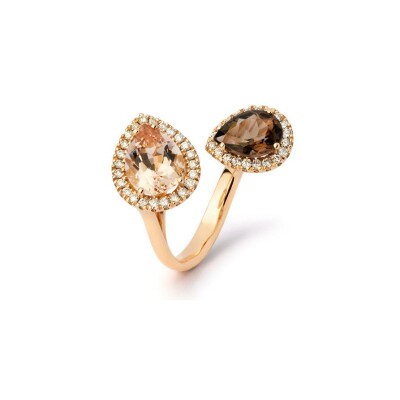 Bague ouverte en or rose taille 54 avec morganite et quartz fumé poire 2,53 ct, et 0,31 ct de diamants sertis griffes