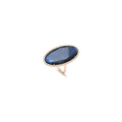 Bague Rinku ovale en or rose, pierre double en labradorite bleue, onyx et diamants