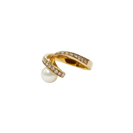 Bague Isabelle Barrier en or jaune, diamants et perle de 0.37ct, taille 52