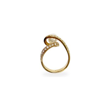 Bague Isabelle Barrier en or jaune, diamants et perle de 0.37ct, taille 52