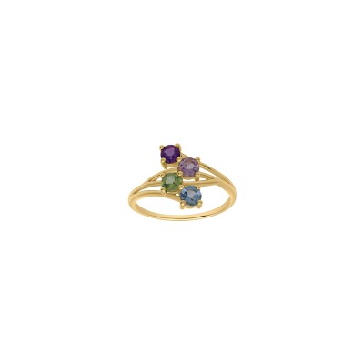 Bague en or jaune, améthyste, améthyste rose, aigue-marine et péridot