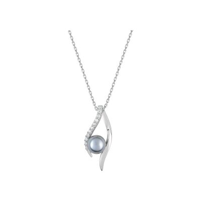 Collier en argent rhodié, perle d'imitation et oxyde de zirconium