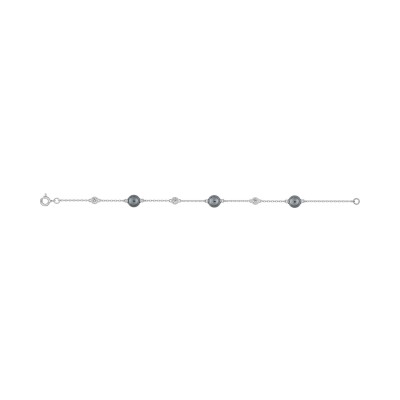 Bracelet en argent rhodié, perle d'imitation et oxyde de zirconium