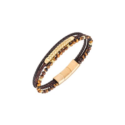 Bracelet All Blacks en acier, cuir et oeil de tigre