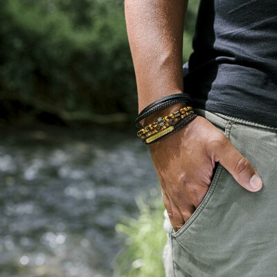 Bracelet All Blacks en acier, cuir et oeil de tigre