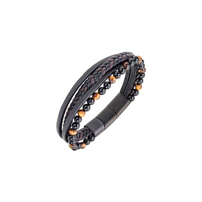 Bracelet All Blacks en acier, cuir et agate
