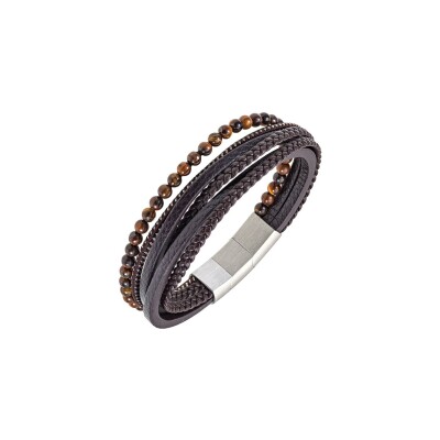 Bracelet All Blacks en acier, cuir et oeil de tigre