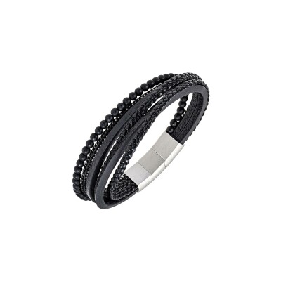 Bracelet All Blacks en acier, cuir et agate