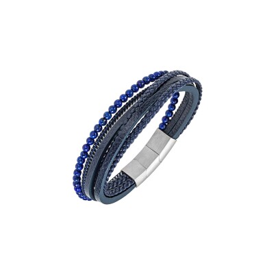 Bracelet All Blacks en acier, cuir et lapis lazuli