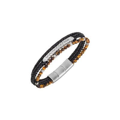 Bracelet All Blacks en acier, cuir et oeil de tigre