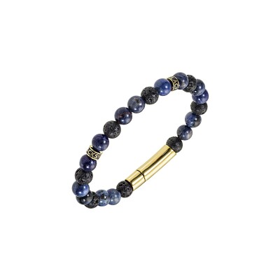 Bracelet All Blacks en acier, pierre de veine bleu et pierre de lave