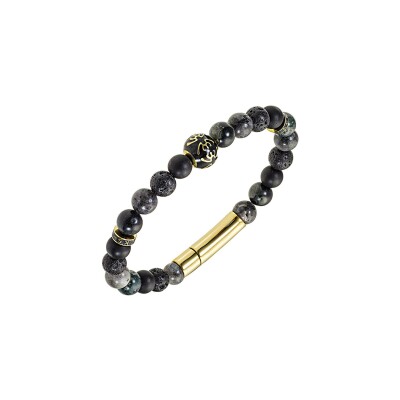 Bracelet All Blacks en acier, pierre de veine bleu et labradorite