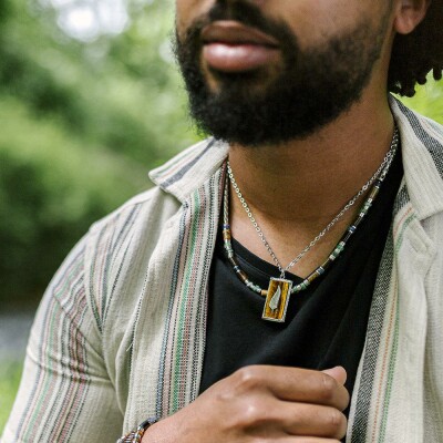 Collier All Blacks en acier et turquoise africaine