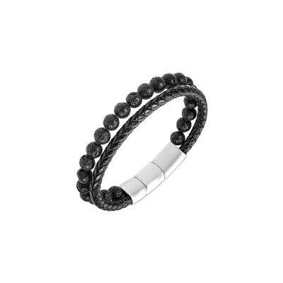 Bracelet All Blacks en acier, cuir et pierre de lave