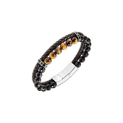 Bracelet All Blacks en acier, cuir, oeil de tigre et agate noire