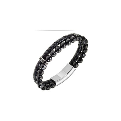 Bracelet All Blacks en acier, cuir, agate et agate noire