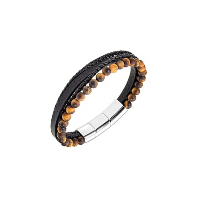 Bracelet All Blacks en acier, cuir et oeil de tigre