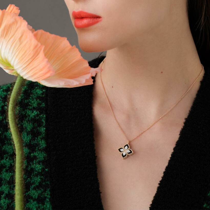 Collier Roberto Coin Princess Flower en or rose, diamants noirs et jade