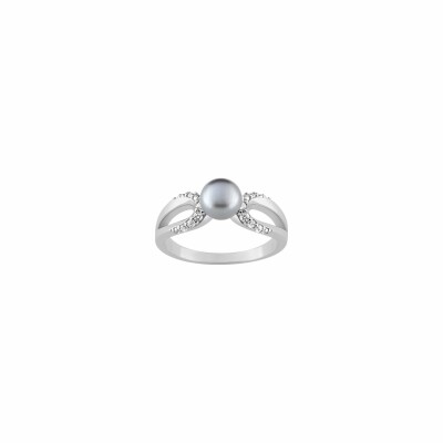 Bague en argent rhodié, perle d'imitation et oxydes de zirconium, 6mm