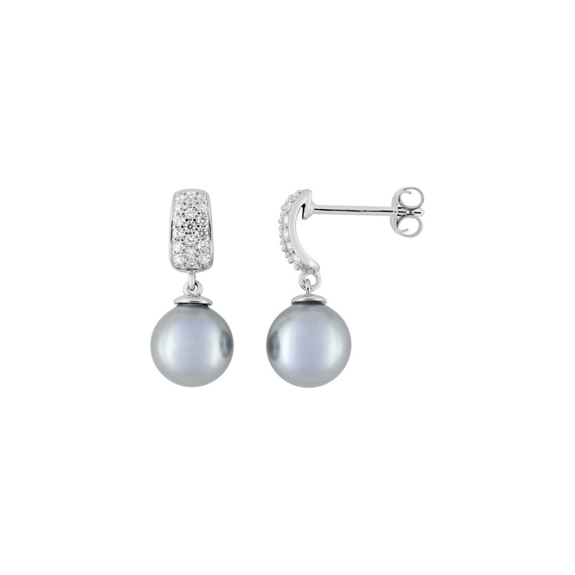 Boucles d'oreilles pendantes en argent rhodié, oxydes de zirconium et perles d'imitation, 8mm