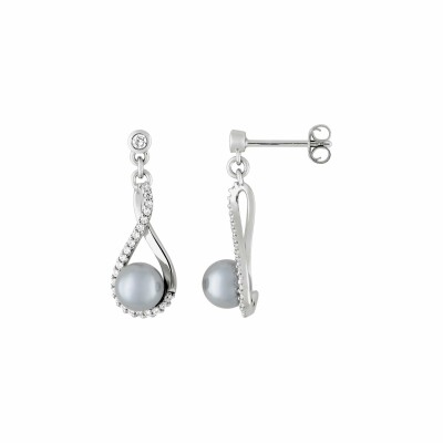 Boucles d'oreilles pendantes en argent et oxydes de zirconium et perle d'imitation grise