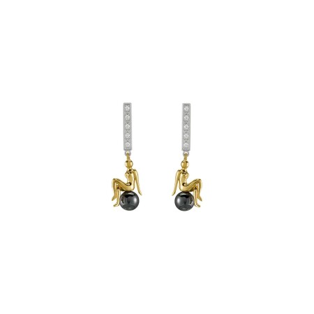 Boucles d'oreilles Jourdan Bijoux Héritage Signature Silhouette Luna en argent, argent doré 3.15g, hématite et oxydes de zirconium