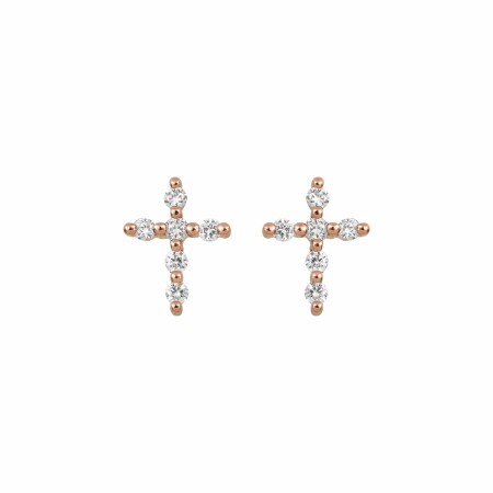 Boucles d'oreilles Djula Mini Croix en or rose et diamants