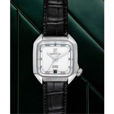 Montre March LA.B AM2 SLIM AUTOMATIQUE 36 MM - WHITE - Alligator Noir Grandes Ecailles