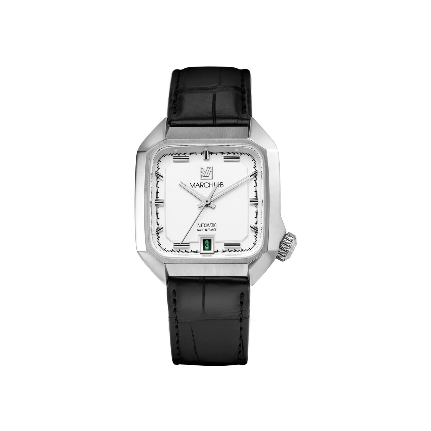 Montre March LA.B AM2 SLIM AUTOMATIQUE 36 MM - WHITE - Alligator Noir Grandes Ecailles