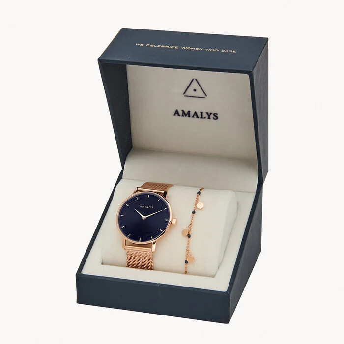 Coffret de montre Amalys Flore et 1 bracelet en métal doré rose