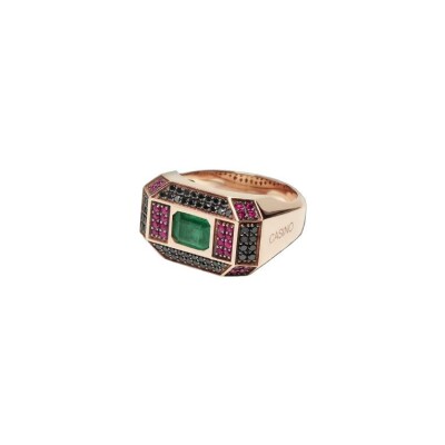 Barakà Casinò ring, pink gold, emeral, black diamonds and rubies