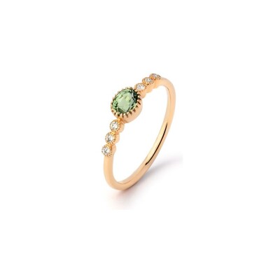 Bague perlée en or rose taille 54 avec saphir vert 0,66 ct et 6 diamants totalisant 0,09 ct