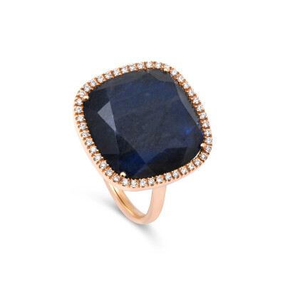 Bague Rinku en or rose, pierre double en labradorite bleue, onyx et diamants