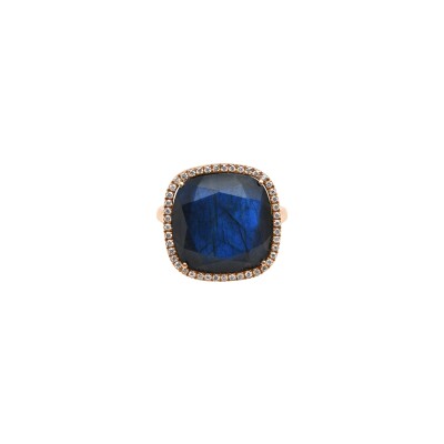 Bague Rinku en or rose, pierre double en labradorite bleue, onyx et diamants
