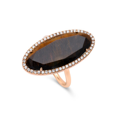 Bague Rinku ovale en or rose, œil de tigre et diamants