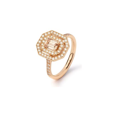 Bague en or rose taille 54 avec morganite 0,48 ct et double entourage de diamants 0,57 ct en serti grains