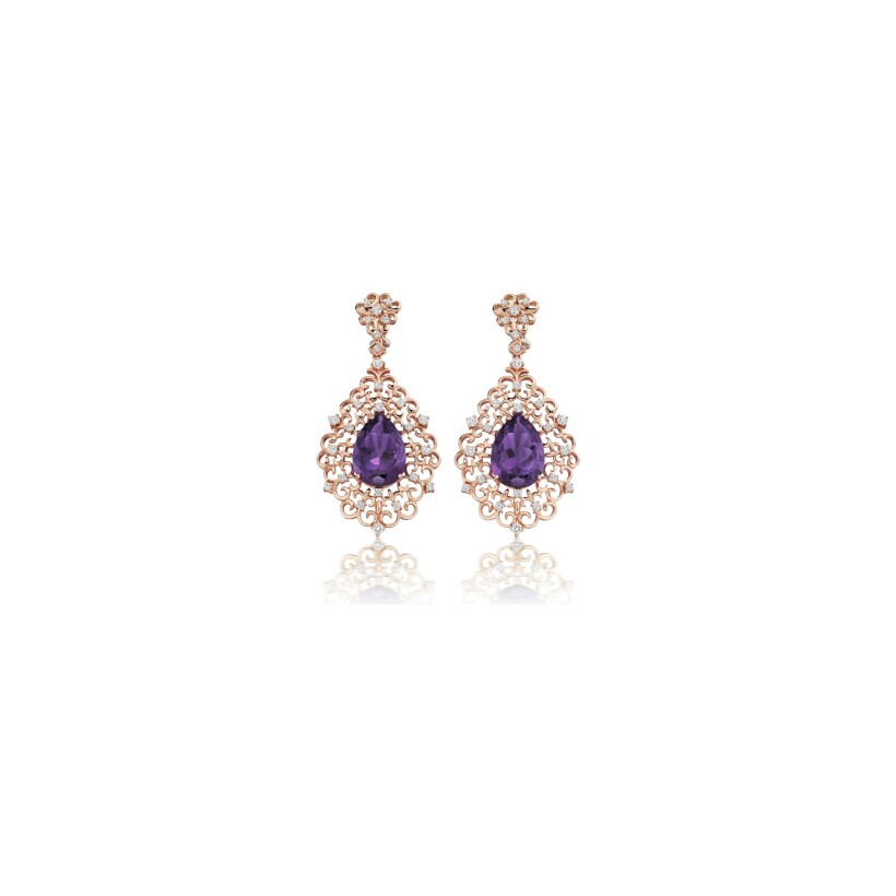 Asilah earrings, pink gold, diamonds and amethyst