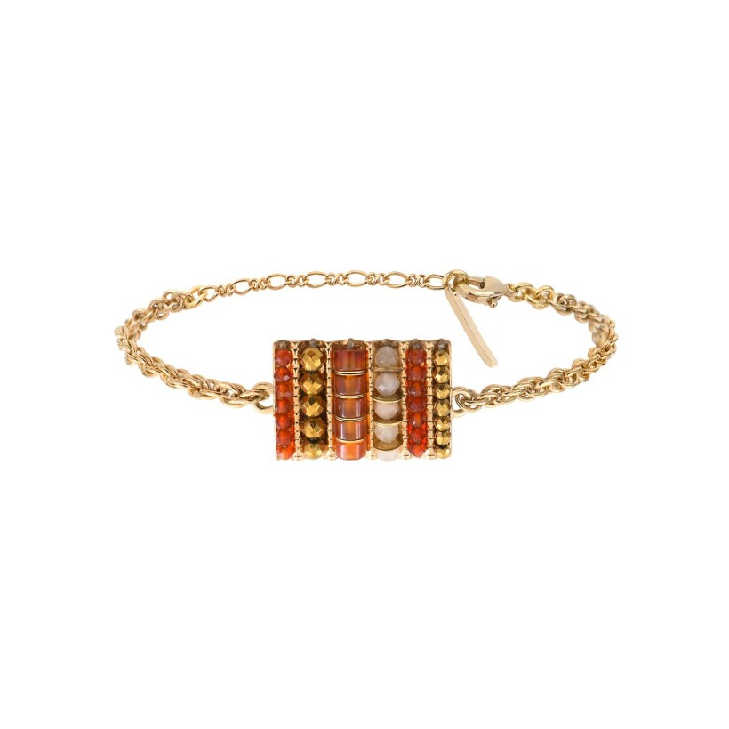 Bracelet Satellite Asuka en plaqué or, hématite, cornaline, perle de rivière et pierre de soleil