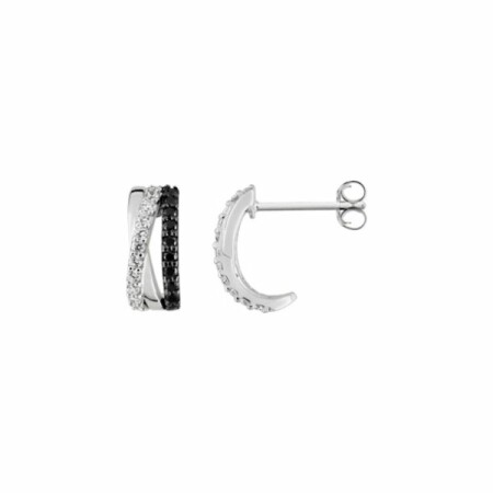 Boucles d'oreilles en argent rhodié et oxydes de zirconium blancs et noirs