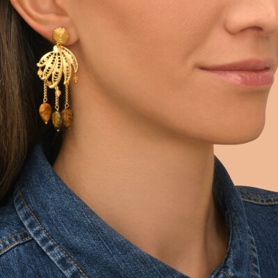 Boucles d'oreilles SATELLITE Arizona Dream en plaqué or, œil de tigre et jade