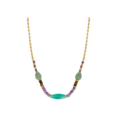 Collier SATELLITE Arizona Dream en plaqué or, aventurine, œil de tigre, jade et améthyste