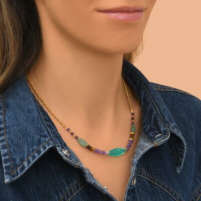Collier SATELLITE Arizona Dream en plaqué or, aventurine, œil de tigre, jade et améthyste