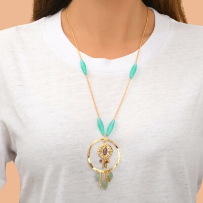 Collier SATELLITE Arizona Dream en plaqué or, aventurine, améthyste et jade