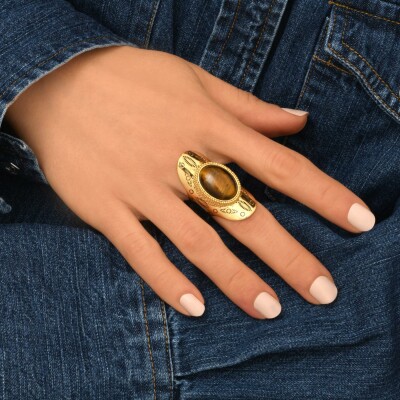 Bague SATELLITE Arizona Dream en plaqué or et œil de tigre, taille ajustable