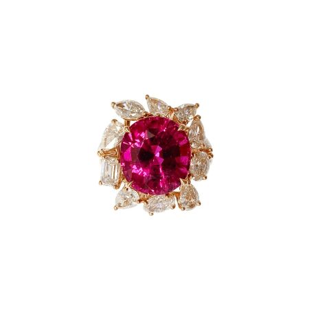 Bague Red Sunrise Isabelle Barrier en or rose, diamants, diamants bruns et tourmaline, taille 52