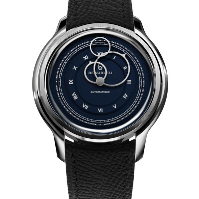 Montre BeauBleu La Pièce N.1 empire blue bracelet en cuir noir grainé