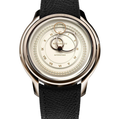 Montre BeauBleu La Pièce N.1 champagne bracelet en cuir noir grainé