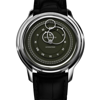 Montre BeauBleu La Pièce N.1 vert olive bracelet en cuir noir caïman