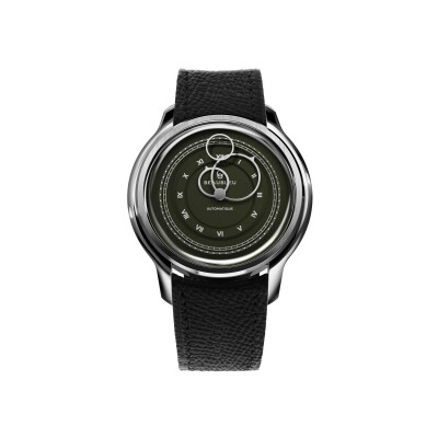 Montre BeauBleu La Pièce N.1 vert olive bracelet en cuir noir grainé